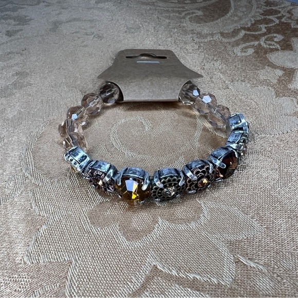 BEADED BRACELET SILVER BROWN BEIGE STRETCH GEM BOHO - Picture 2 of 6